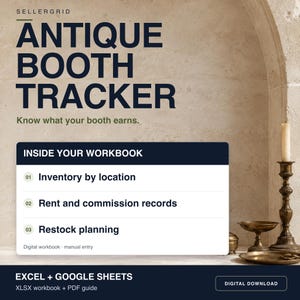 Puede incluir: Un libro de trabajo digital titulado Antique Booth Tracker con secciones para inventario por ubicación, registros de alquiler y comisiones, y planificación de reabastecimiento. Compatible con Excel y Google Sheets, incluye una guía PDF.