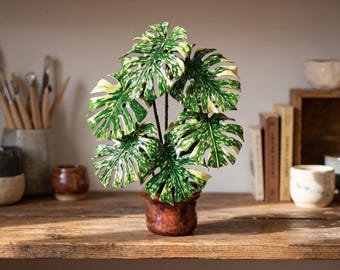 May include: A decorative potted plant featuring variegated monstera leaves with distinct green and cream-colored patterns. The plant is housed in a small, round, reddish-brown glazed ceramic pot with a smooth, glossy finish and a flared rim.