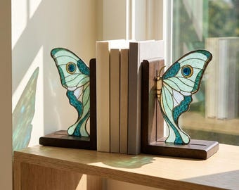 Luna Moth Glass Bookends, Green Suncatcher Book Holder Set, Wooden Bookshelf Decor, Nature Lover Gift, Reading Nook Decor