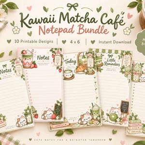 Puede incluir: Un paquete de blocs de notas Kawaii Matcha Café con 10 diseños imprimibles en tamaño 4x6. La papelería muestra ilustraciones de bebidas de matcha, gatos y pasteles en tonos verdes y rosas con textos como Notes, Today y Little Reminders.