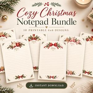 May include: A bundle of 10 printable 4x6 inch notepads featuring Christmas-themed illustrations including gingerbread cookies, red bows, pine branches, and mugs. Each notepad has lined paper with the word Notes printed at the top centre.