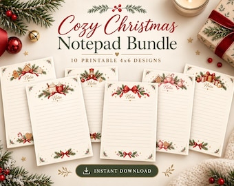 Christmas Printable Notepads, 10 Cozy 4x6 Holiday Note Pages, Christmas Stationery Bundle, PDF PNG, Instant Download