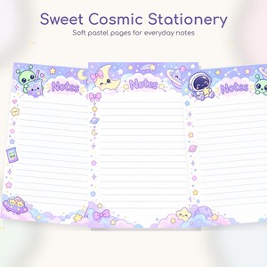 May include: Three sheets of lined stationery with a pastel purple and blue cosmic theme. Each page features the word Notes at the top, decorated with illustrations of an astronaut, aliens, planets, stars, moons, and clouds in a soft color palette.