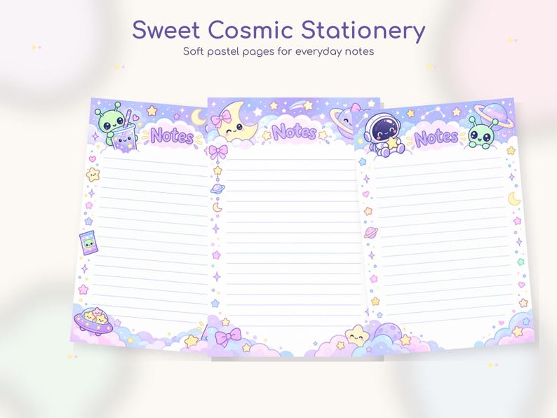 May include: Three sheets of lined stationery with a pastel purple and blue cosmic theme. Each page features the word Notes at the top, decorated with illustrations of an astronaut, aliens, planets, stars, moons, and clouds in a soft color palette.
