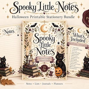 Puede incluir: Un paquete de papelería imprimible de Halloween Spooky Little Notes con 25 páginas. El diseño incluye gatos negros, calabazas, fantasmas, lunas y telarañas. El texto dice Spooky Little Notes, Halloween Printable Stationery Bundle y What's Included, enumerando varios planificadores, diarios y páginas de notas.