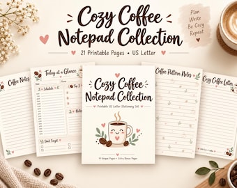 Cozy Coffee Notepad Bundle, Kawaii Stationery Set (Digital Download)