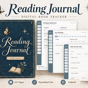 May include: A digital reading journal and book tracker featuring a dark blue cover with gold butterfly, star, and book illustrations. The set includes multiple screen views of a reading dashboard, monthly reading logs, and book review templates.