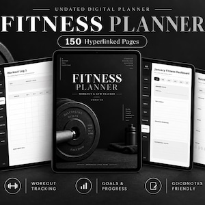 Könnte beinhalten: Ein digitaler Fitnessplaner auf Tablets mit 150 verlinkten Seiten, Trainingstagebüchern, Ernährungstrackern und einem Fitness-Dashboard für Januar. Die Benutzeroberfläche zeigt schwarz-weiße Layouts mit Texten wie Fitness Planner, Workout Log 1 und Nutrition Tracker.