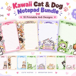以下が含まれることがあります： 猫と犬のイラストが描かれた4x6インチの印刷可能なメモ帳デザイン10種類のデジタルバンドル。パステルカラーの背景、足跡の装飾、Notesという文字が記された罫線入りの便箋シートが含まれています。