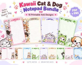 Kawaii Cat Dog Notepad Bundle, Pastel Stationery (Digital Download)