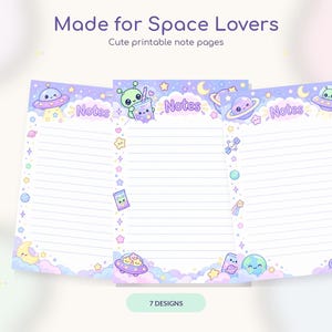 May include: Three printable note pages featuring space-themed illustrations in pastel colors. Each page includes the word Notes, lined writing areas, and graphics of aliens, planets, stars, moons, and UFOs against a light purple cloud background.