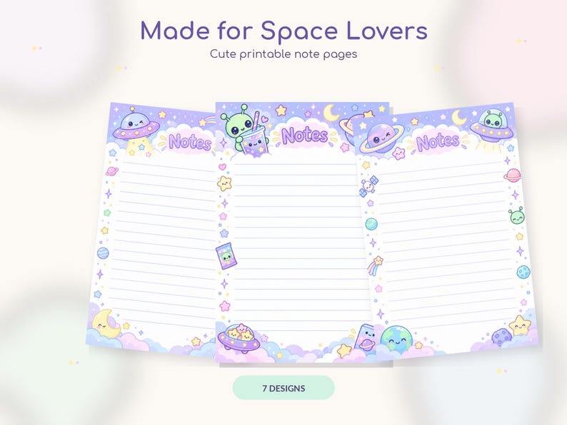 May include: Three printable note pages featuring space-themed illustrations in pastel colors. Each page includes the word Notes, lined writing areas, and graphics of aliens, planets, stars, moons, and UFOs against a light purple cloud background.