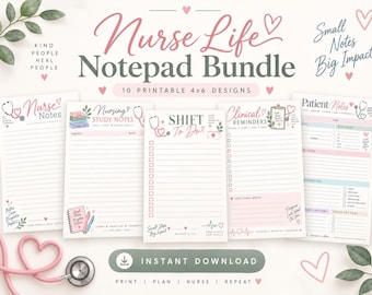 Nurse Life Notepad Printable Bundle, 10 Nursing Student Notepads, 4x6 Nurse Stationery, PDF PNG, Instant Download