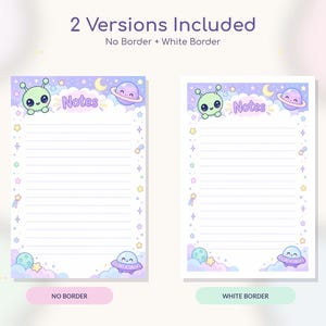 May include: Two versions of a lined notepad sheet featuring a space theme with a green alien, a purple planet, and a flying saucer. The top of the page displays the word Notes in purple text. The design includes stars, clouds, and a moon.