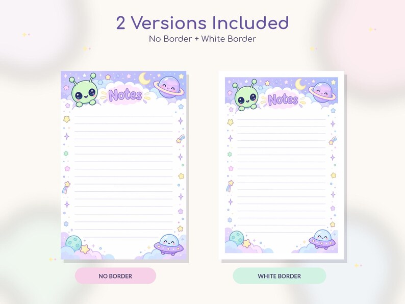 May include: Two versions of a lined notepad sheet featuring a space theme with a green alien, a purple planet, and a flying saucer. The top of the page displays the word Notes in purple text. The design includes stars, clouds, and a moon.