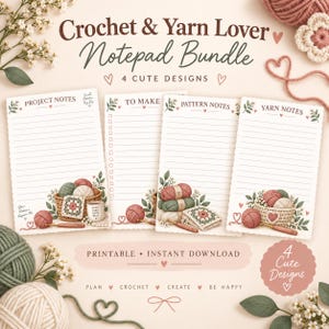 Op de afbeelding: Een set van vier printbare notitieblokken getiteld Crochet & Yarn Lover Notepad Bundle, met gelinieerde pagina's voorzien van illustraties van garenbollen, haaknaalden en granny squares. De ontwerpen bevatten Project Notes, To Make, Pattern Notes en Yarn Notes.