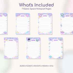 May include: Seven rectangular notepad pages with horizontal lines and the word Notes printed at the top. The pages feature pastel-colored illustrations of aliens, planets, rockets, moons, and UFOs against a light purple and white space background.