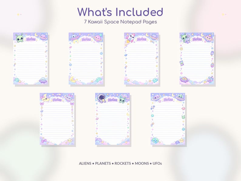 May include: Seven rectangular notepad pages with horizontal lines and the word Notes printed at the top. The pages feature pastel-colored illustrations of aliens, planets, rockets, moons, and UFOs against a light purple and white space background.
