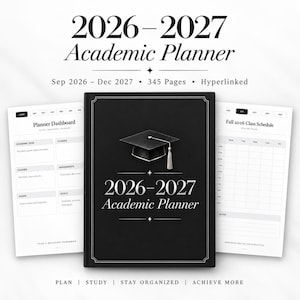 Könnte beinhalten: Ein schwarzer akademischer Planer 2026-2027 mit einem Doktorhut-Symbol auf dem Einband, flankiert von zwei weißen digitalen Seiten, die ein Dashboard und einen Stundenplan zeigen. Der Text lautet 2026-2027 Academic Planner, 345 Seiten, verlinkt.