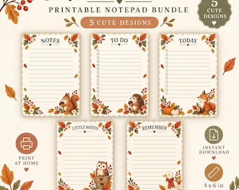 Autumn Notepad Printable Set | 5 Cozy Woodland Animal Designs | Fall Stationery | 4x6 PDF PNG Digital Download