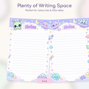 May include: A two-page notepad with lined paper featuring a space theme. The design includes pastel purple clouds, stars, planets, a satellite, and cute alien characters in flying saucers. The text reads Plenty of Writing Space, Notes, and 4x6.