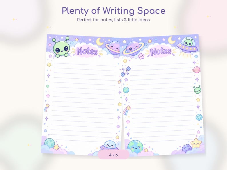 May include: A two-page notepad with lined paper featuring a space theme. The design includes pastel purple clouds, stars, planets, a satellite, and cute alien characters in flying saucers. The text reads Plenty of Writing Space, Notes, and 4x6.