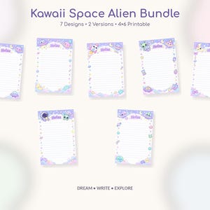 May include: A digital bundle of seven printable 4x6 inch note sheets featuring space-themed illustrations with aliens, planets, and rockets in pastel purple and blue tones. Each sheet includes the word Notes and horizontal lines for writing.