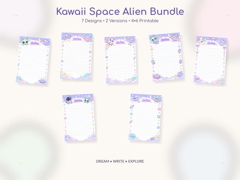 May include: A digital bundle of seven printable 4x6 inch note sheets featuring space-themed illustrations with aliens, planets, and rockets in pastel purple and blue tones. Each sheet includes the word Notes and horizontal lines for writing.