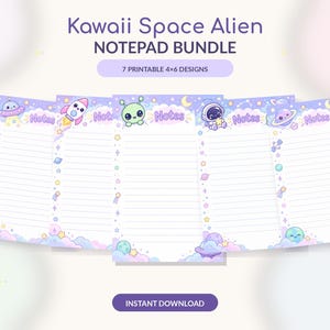 Kawaii Space Alien Notepad Bundle, 7x4x6 Printable Stationery