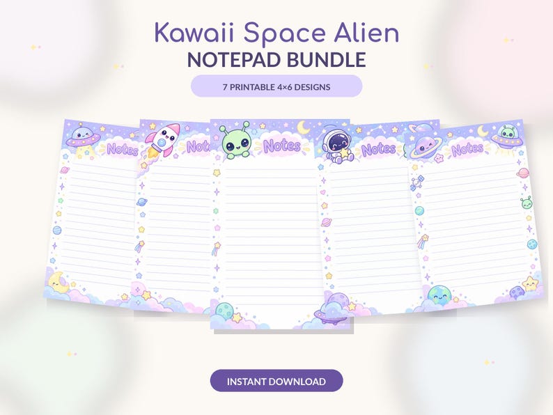Kawaii Space Alien Notepad Bundle, 7x4x6 Printable Stationery