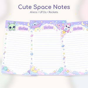 May include: Three sheets of lined stationery featuring a space theme with pastel purple backgrounds. Each sheet displays the word Notes and illustrations of smiling aliens, UFOs, rockets, planets, stars, and clouds in a soft, colorful aesthetic.