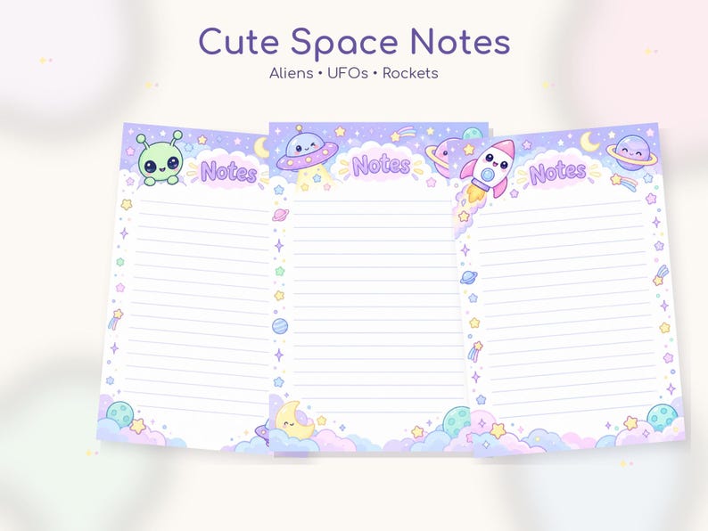 May include: Three sheets of lined stationery featuring a space theme with pastel purple backgrounds. Each sheet displays the word Notes and illustrations of smiling aliens, UFOs, rockets, planets, stars, and clouds in a soft, colorful aesthetic.
