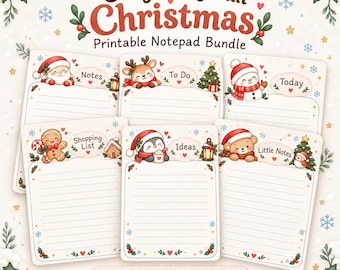 May include: A printable notepad bundle titled Cozy & Kawaii Christmas featuring 10 designs. Each sheet has lined paper with holiday illustrations including Santa, a reindeer, snowman, gingerbread man, penguin, and bear with festive accents.