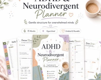 ADHD Digital Planner for Neurodivergent Adults, 15-Month Undated GoodNotes PDF (Digital Download)