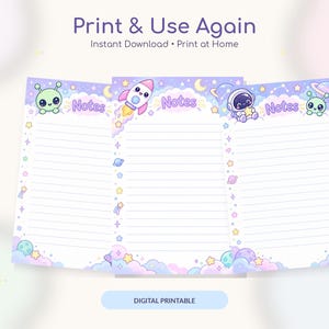 May include: Three sheets of lined stationery featuring a space theme with pastel purple backgrounds. Each sheet displays the word Notes and includes illustrations of a green alien, a rocket ship, an astronaut, planets, stars, and clouds.