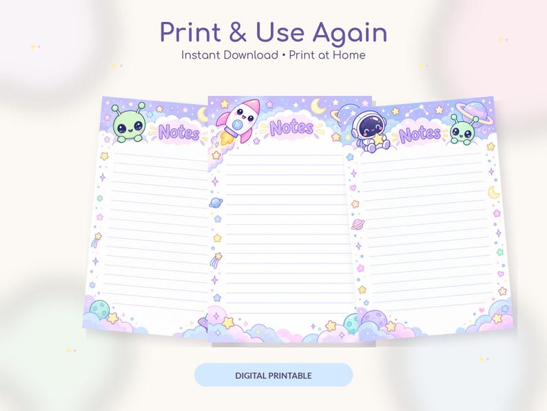 May include: Three sheets of lined stationery featuring a space theme with pastel purple backgrounds. Each sheet displays the word Notes and includes illustrations of a green alien, a rocket ship, an astronaut, planets, stars, and clouds.
