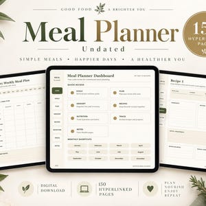 Può includere: Un pianificatore di pasti digitale visualizzato su tre schermi di tablet. L'interfaccia presenta una dashboard con sezioni per obiettivi, spesa, nutrizione e ricette, insieme a un piano alimentare settimanale e una pagina di ricette in toni neutri.