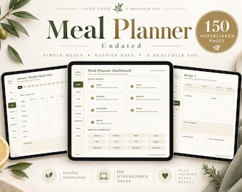 150-Page Undated Digital Meal Planner, Weekly Plans, Grocery Lists, Recipe Journal & Meal Prep