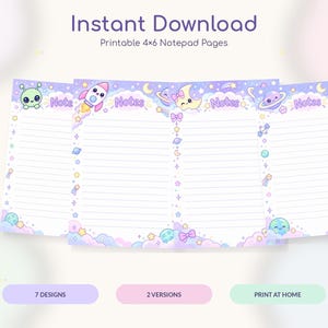 May include: Four printable 4x6 notepad pages featuring space-themed illustrations including rockets, planets, stars, and aliens. Each page has a light purple background with lined paper, the word Notes at the top, and pastel-colored clouds at the bottom.