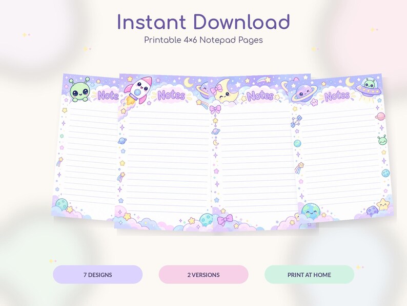 May include: Four printable 4x6 notepad pages featuring space-themed illustrations including rockets, planets, stars, and aliens. Each page has a light purple background with lined paper, the word Notes at the top, and pastel-colored clouds at the bottom.