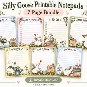 Può includere: Un set di 7 blocchi per appunti stampabili con illustrazioni di oche bianche in vari contesti. Ogni blocco include carta a righe, decorazioni floreali e testi come Notes, Things to Remember, To Do, Little Notes, Today, Make It Happen e Grateful For.