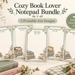 May include: A bundle of five printable 4x6 inch notepads titled Cozy Book Lover Notepad Bundle. Each notepad features a sage green scalloped border, lined paper, and illustrations of stacked books, tea cups, and sleeping cats with floral accents.
