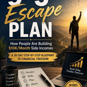 May include: A book cover titled The 9-5 Escape Plan by Bushra Junaid. It features a person standing on a mountain peak at sunrise, a laptop displaying a growth chart, a notebook with a list of goals, and a black mug with the words Freedom, Purpose, Income, Impact.