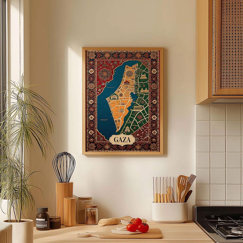 Vintage Map Wall Art, Gaza Illustrated Poster, Ornate Border Design ...