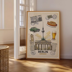 May include: A vertical poster featuring a collage of Berlin, Germany, including the Brandenburg Gate, the TV Tower, a green vintage car, a hot dog, and a glass of beer. The design incorporates newspaper clippings, postage stamps, and the text BERLIN GERMANY.