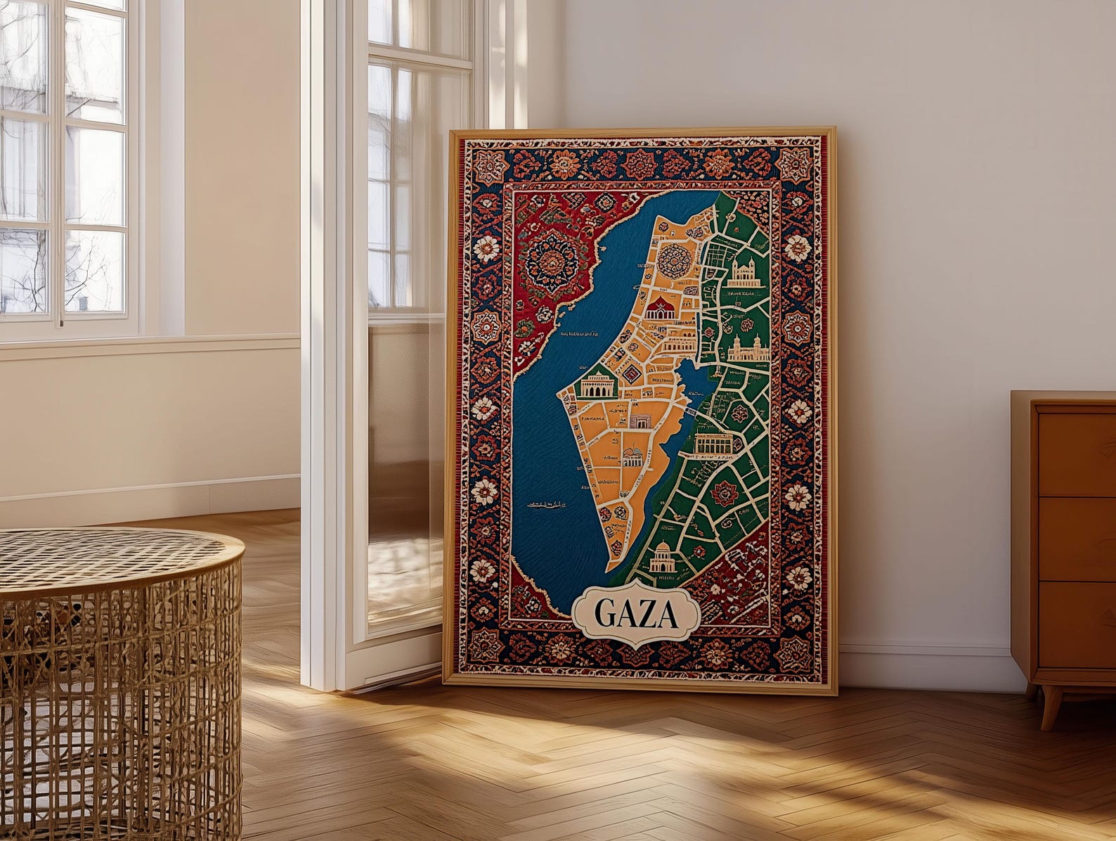 Vintage Map Wall Art, Gaza Illustrated Poster, Ornate Border Design ...