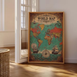 Vintage världskartaposter, nautiska skepp och kompass, väggkonst för vardagsrum, antik stil, jordfärger, upptäcktsresandedekor