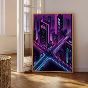 May include: A framed vertical wall art print featuring an isometric digital illustration of a futuristic city at night. The scene displays dark skyscrapers with glowing purple and cyan neon light accents, intersecting streets, and geometric architectural structures.