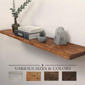 May include: A rectangular floating wall shelf made of brown wood with a visible grain texture. On the shelf sits a dark glass vase with a green plant, two stacked books, a small potted succulent, and a grey house-shaped ornament. Text reads: VARIOUS SIZES & COLORS.