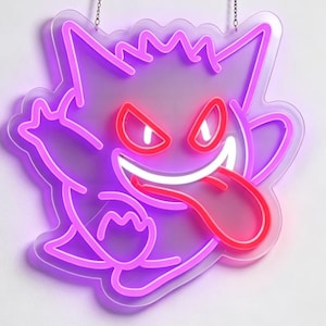 Peut inclure: Une enseigne néon violette et rose en forme de créature de dessin animé avec des oreilles pointues, un dos épineux et un large sourire. L'enseigne présente des yeux rouges brillants et une longue langue rouge, sur un support en acrylique.